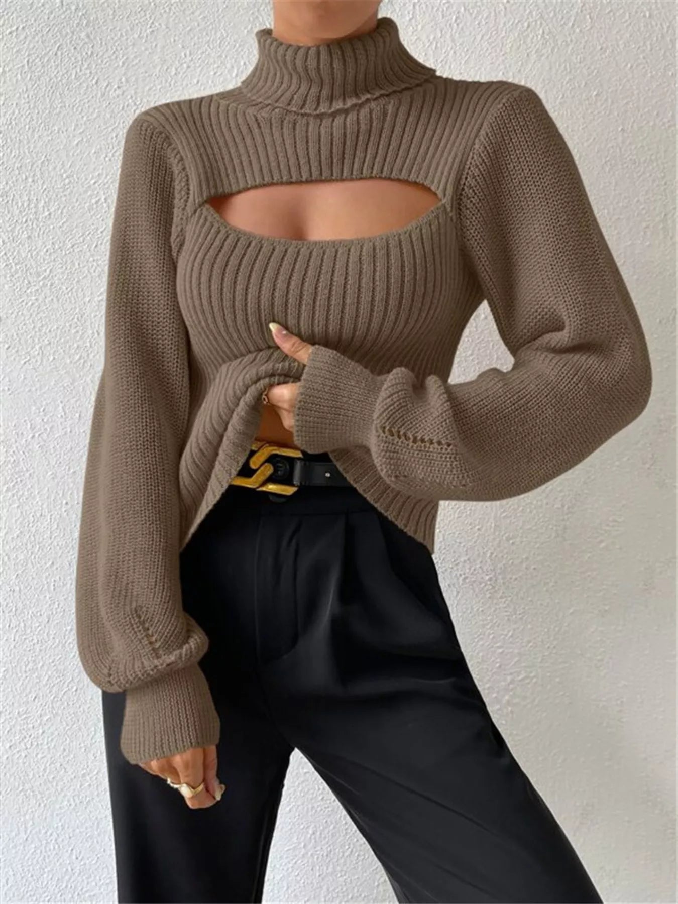 Cutout Front Turtleneck Long Sleeve Sweater