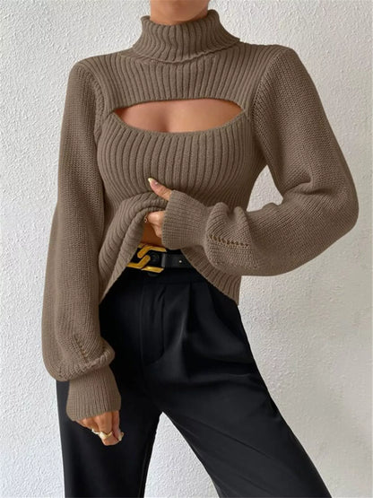 Cutout Front Turtleneck Long Sleeve Sweater