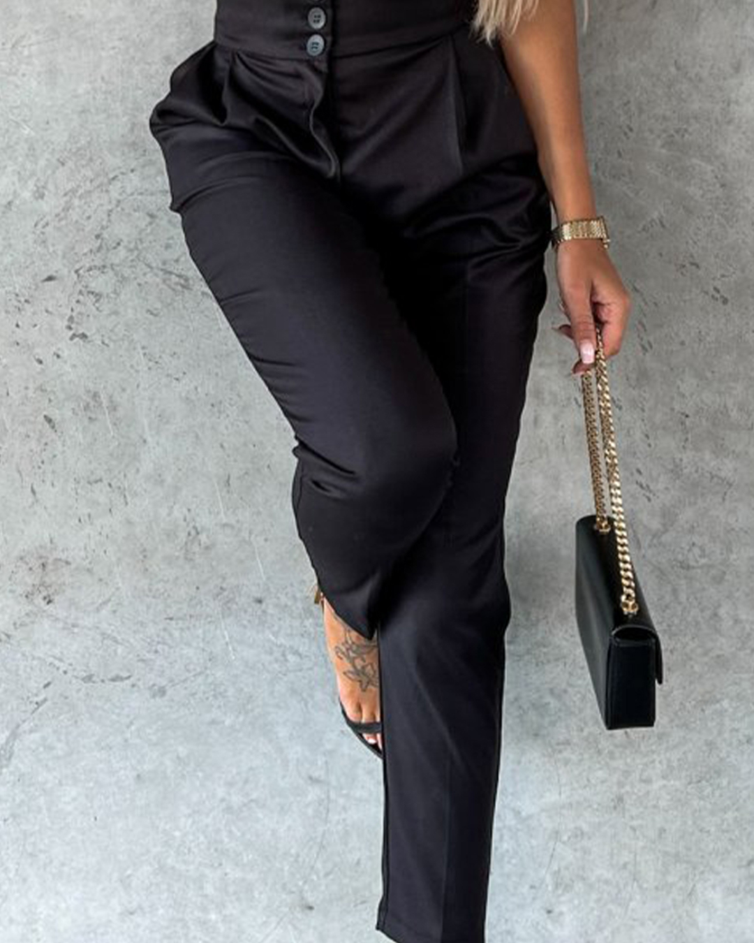 Black Button High Waist Tapered Pants   