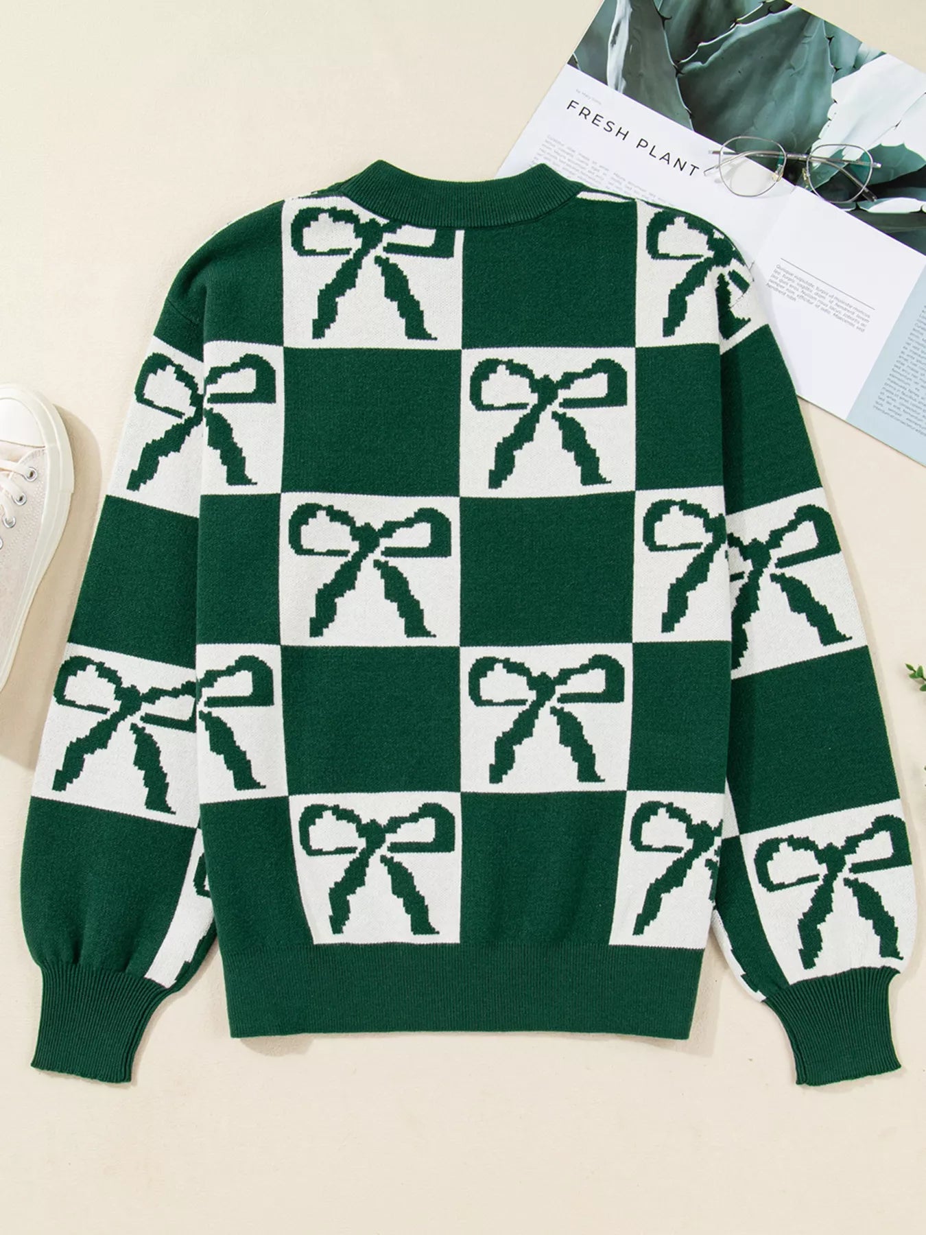Checkered Bow Round Neck Casual Sweater