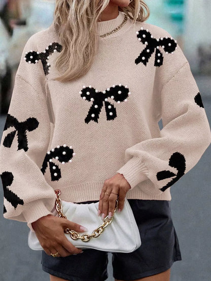 Pearl Embellished Bow Pattern Loose Sweater