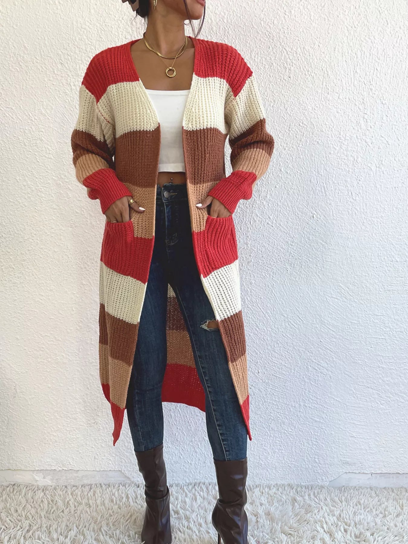 Striped Color Block Open Front Knit Cardigan