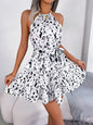 Halter Neck Printed Tie Waist Sleeveless Mini Dress White S