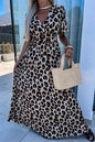 Khaki Leopard V Neck Cinched High Waist Open Back Maxi Dress Khaki S 100%Polyester