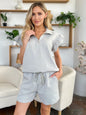 Texture Flounce Sleeve Top and Drawstring Shorts Light Gray L