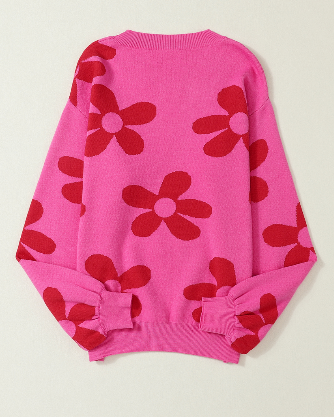 Flower Knit Ribbed Trim Sweater   