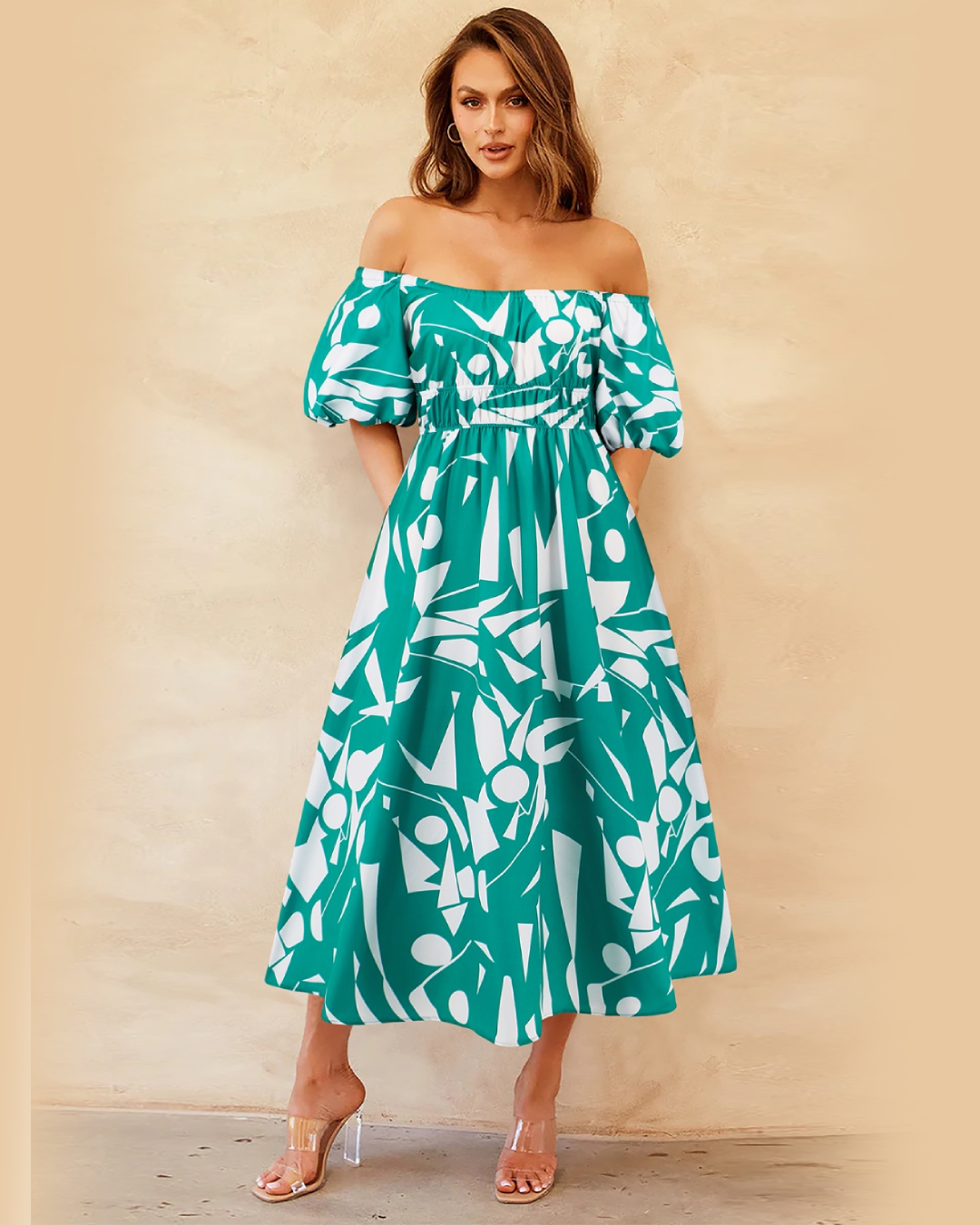 Printed Off-Shoulder Balloon Sleeve Dress   