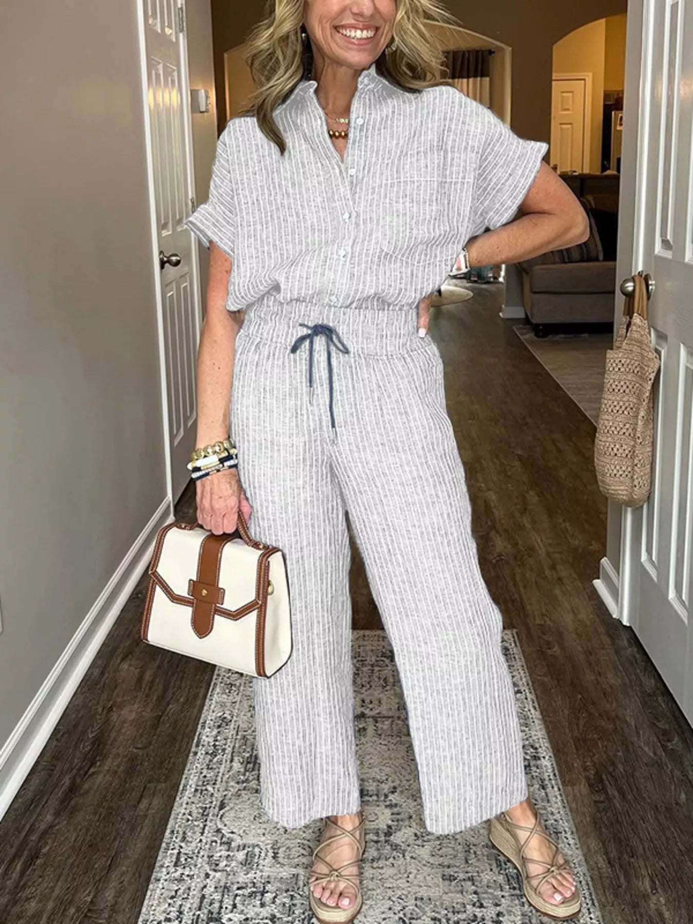 Striped Button-Up Shirt With Wide Leg Pants