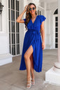 Ruffled Surplice Tie Waist Slit Midi Dress Dark Blue M