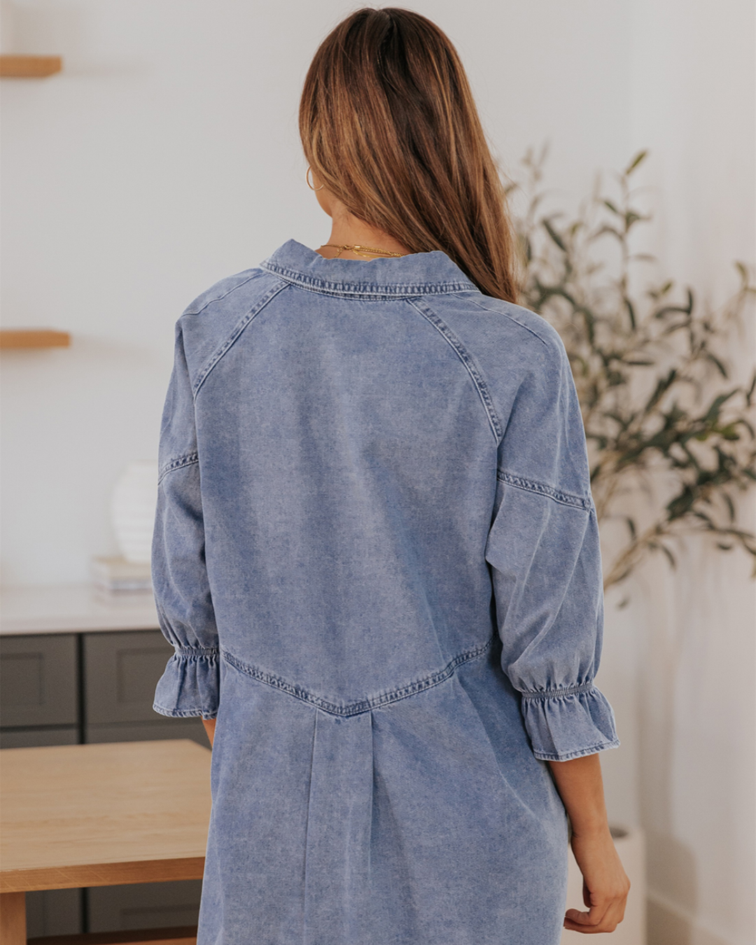 Buttoned Long Sleeve Denim Dress   