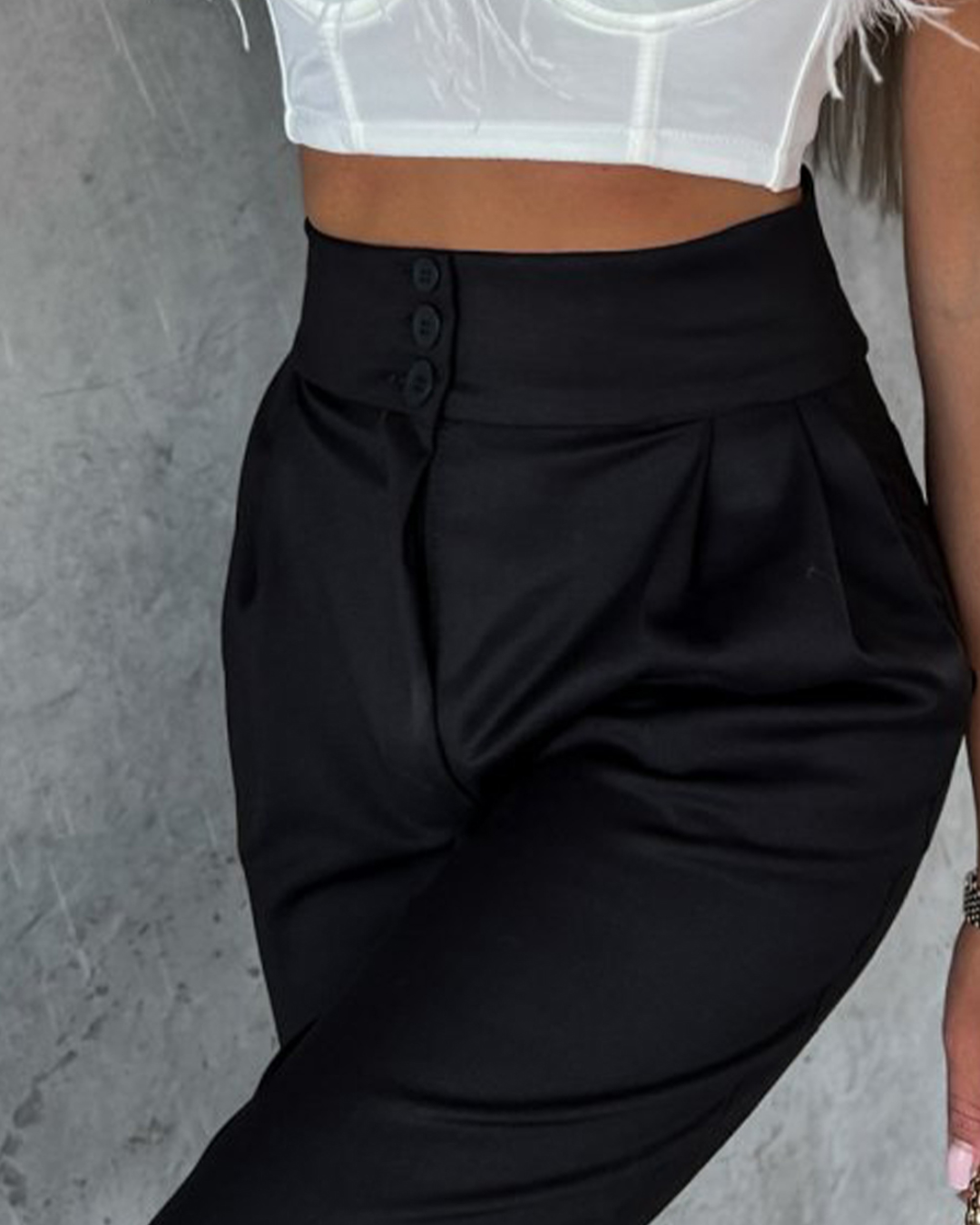 Black Button High Waist Tapered Pants   