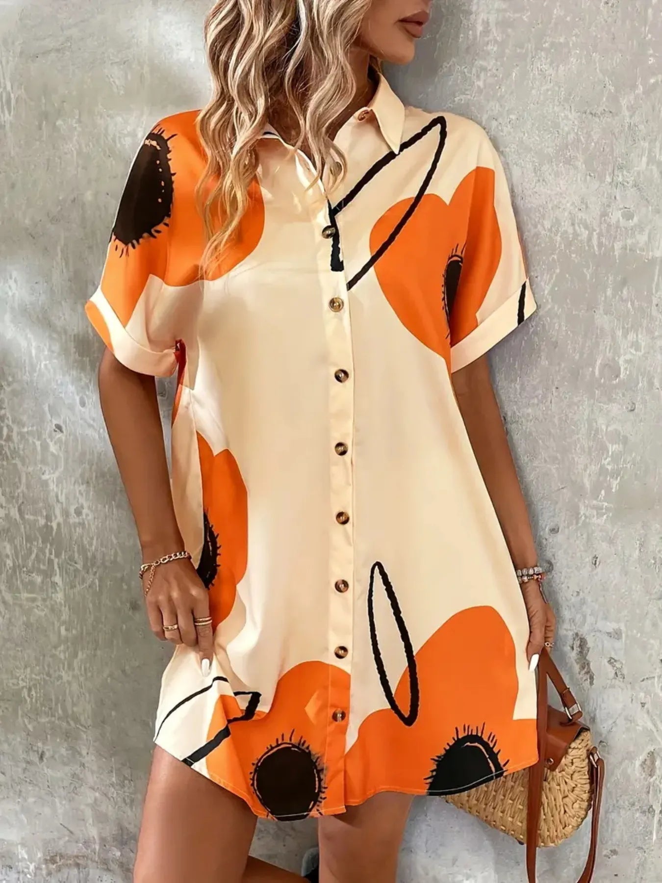 Printed Button-Front Shirt Dress Tan S