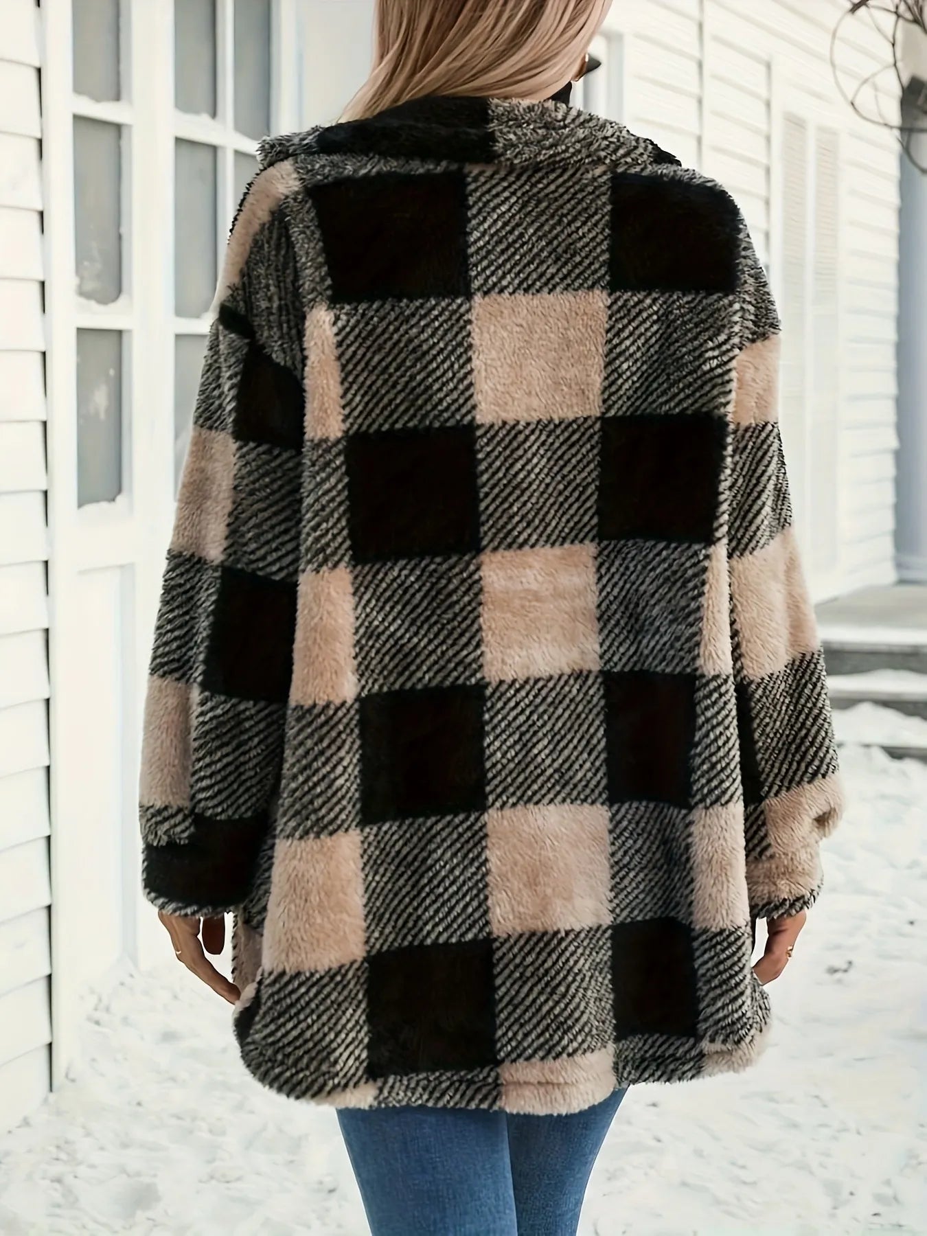 Button Down Collared Neck Plaid Teddy Coat