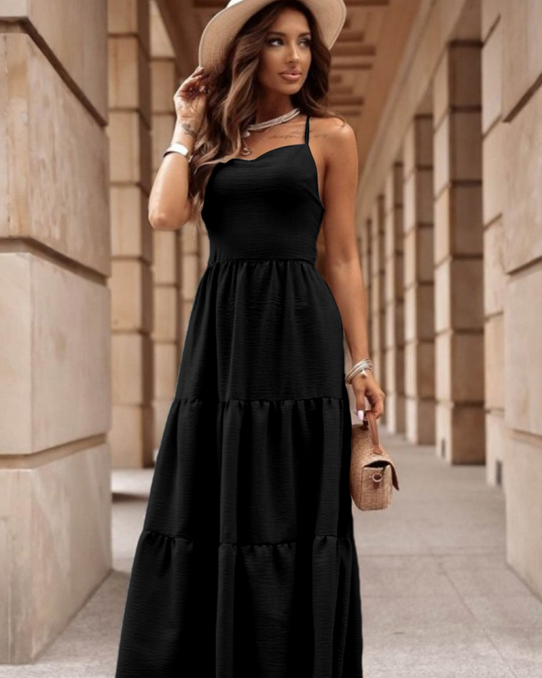 Black Crossover Tiered Maxi Dress   