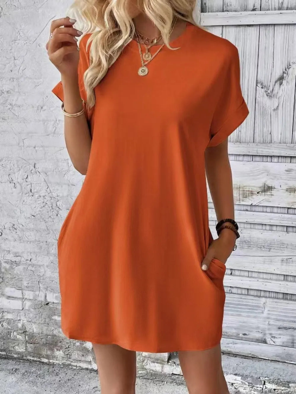 Short Sleeve Mini Tee Dress with Pockets Terracotta S