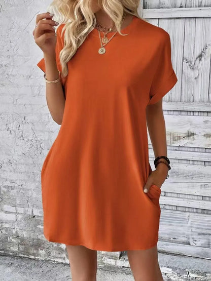 Short Sleeve Mini Tee Dress with Pockets Terracotta S