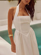 Devine Ruched Halter Neck Midi Dress White S