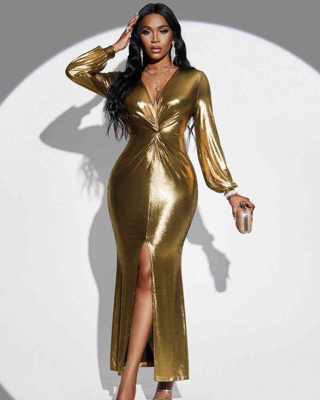Plunge Twisted Slit Midi Dress Gold S 