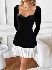 Pleated Hem Sweetheart Neckline Long Sleeve Mini Dress