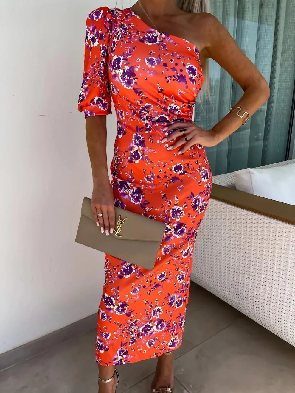 Slit Printed Single Shoulder Midi Dress Orange 2XL