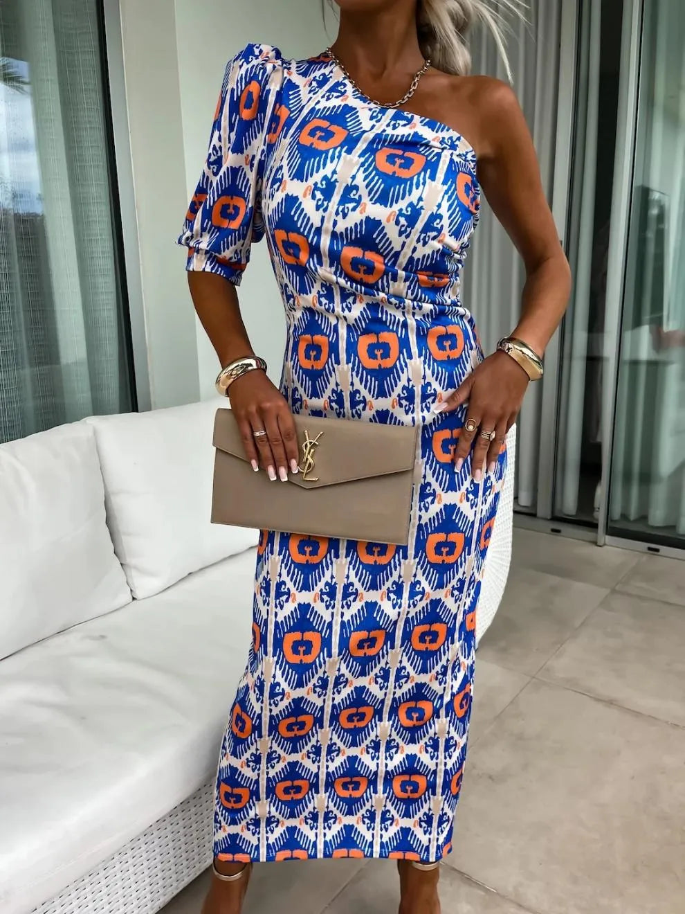 Slit Printed Single Shoulder Midi Dress Blue M