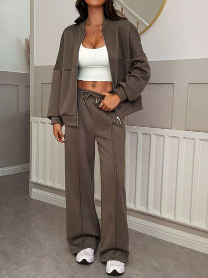 Casual Zipper Front Top and Wide Leg Pants Set Brown S