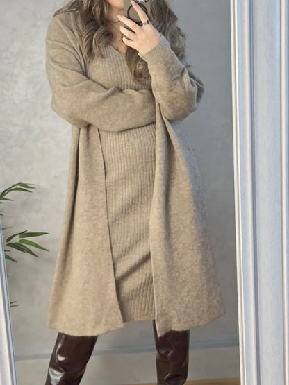 V-Neck Cami Dress and Open Front Cardigan Sweater Set Khaki One Size