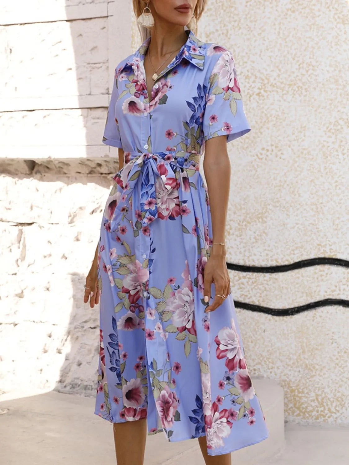 Printed Tie Waist Short Sleeve Midi Shirt Dress