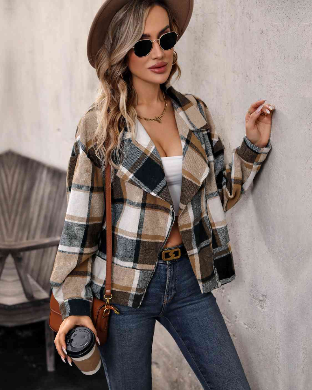 Plaid Collared Neck Long Sleeve Jacket Camel S 