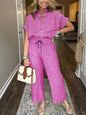 Striped Button-Up Shirt With Wide Leg Pants Fuchsia Pink XS