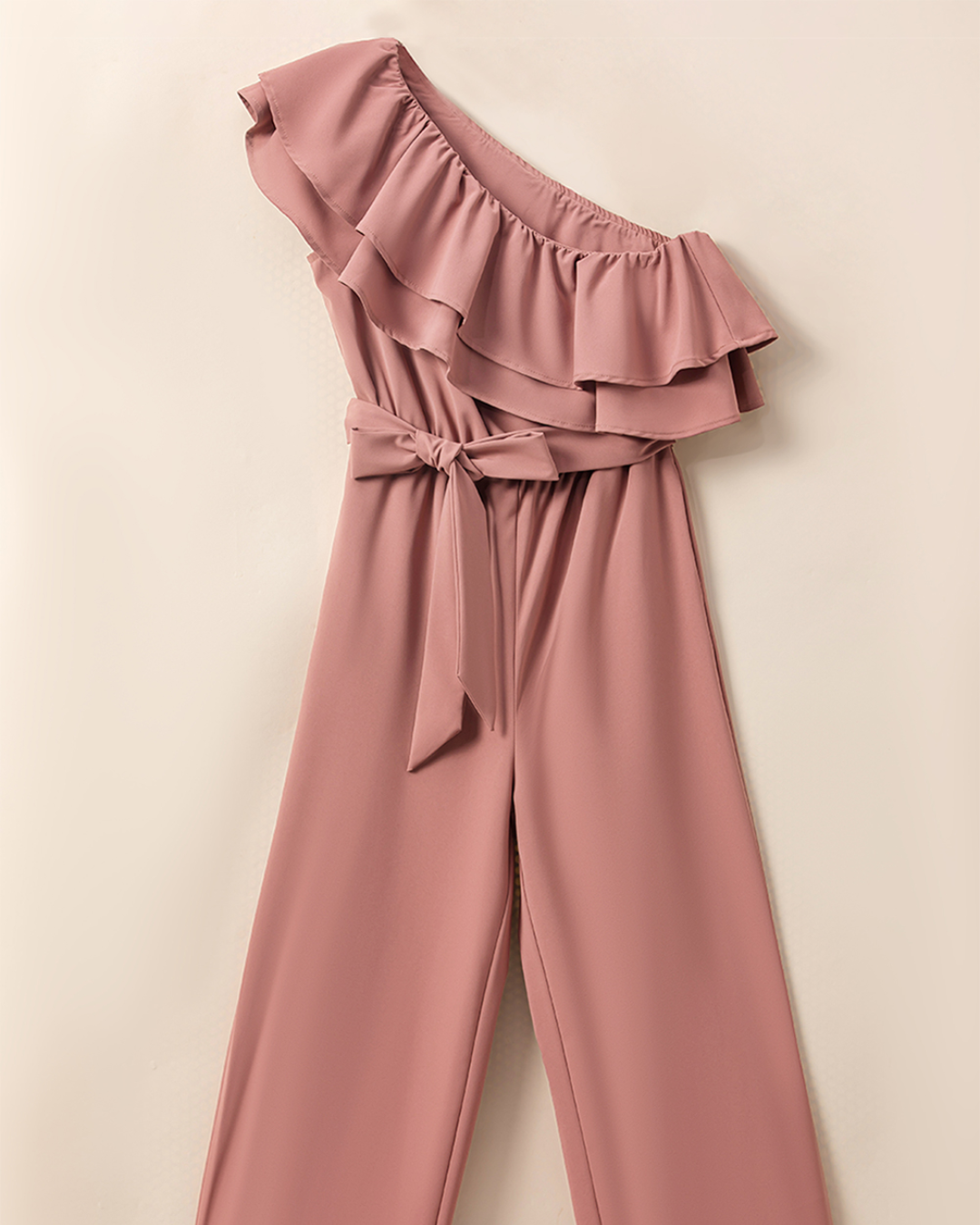 Dusty Pink Ruffle Trim Belted Jumpsuit   