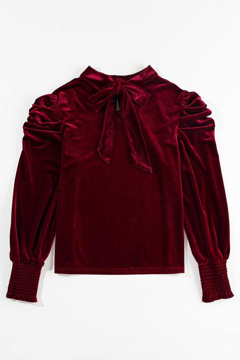 Fiery Red Mock Neck Puff Sleeve Velvet Blouse   