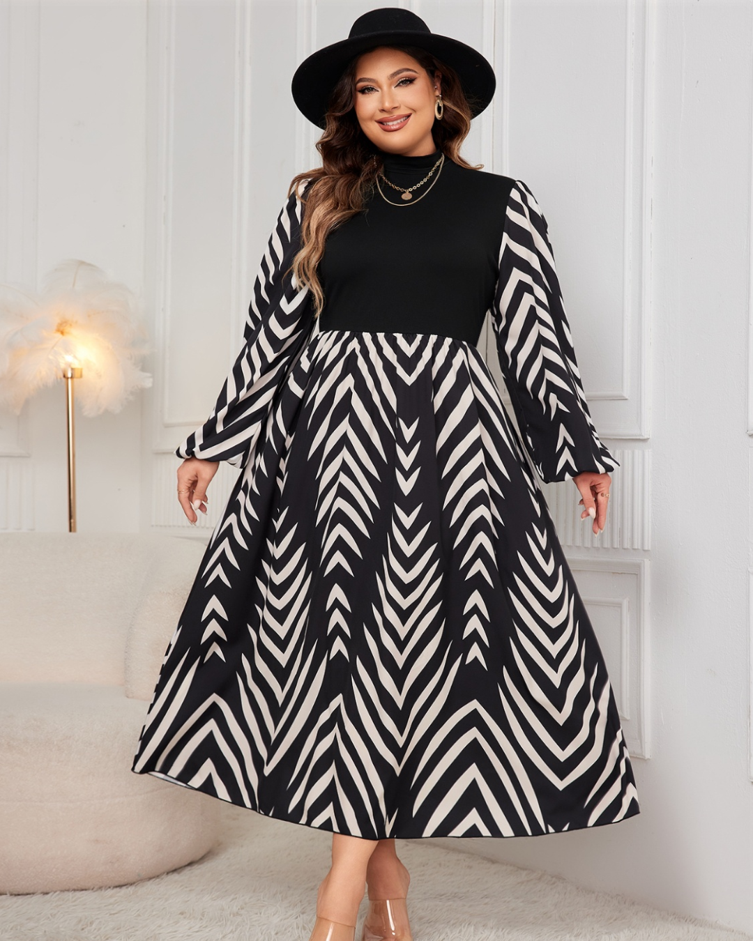 Plus Size Printed Mock Neck Midi Dress   