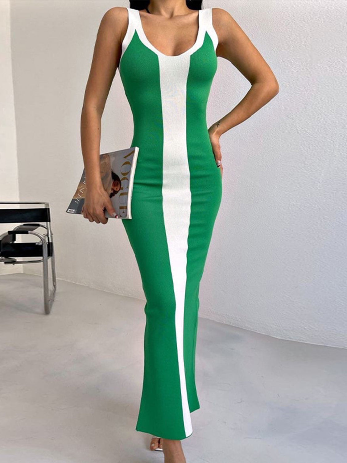 Contrast Wide Strap Slit Midi Dress Mid Green S