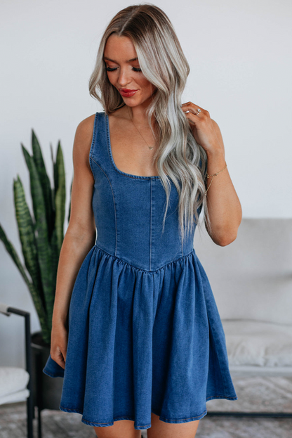 Sail Blue Square Neck Bowknot A-line Sleeveless Denim Dress