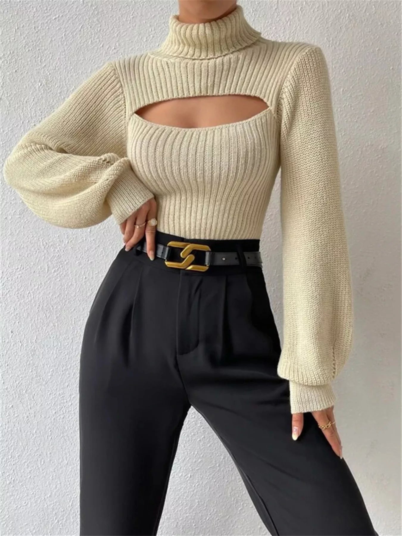 Cutout Front Turtleneck Long Sleeve Sweater