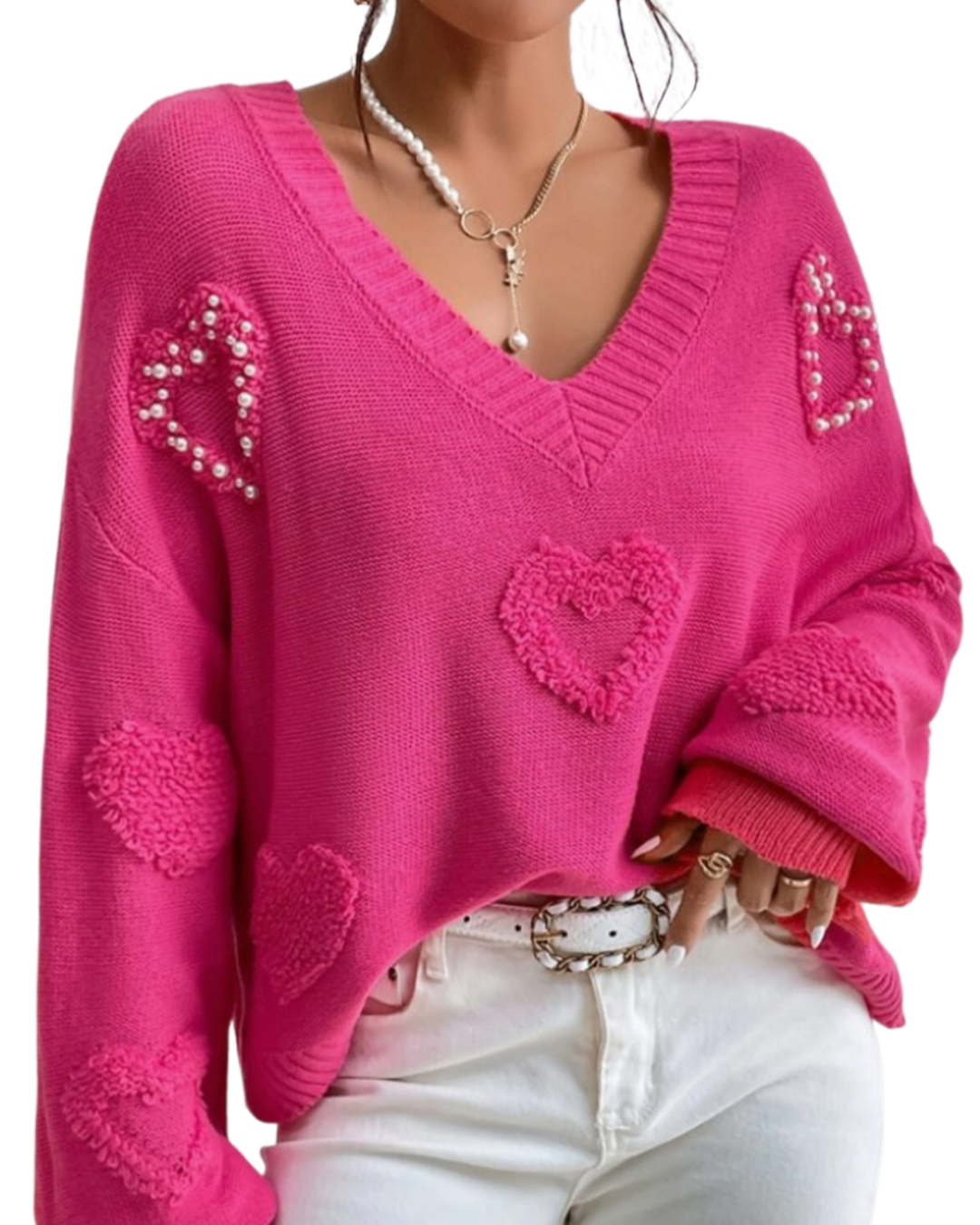 Pearl Embellished Hearts Sweater   