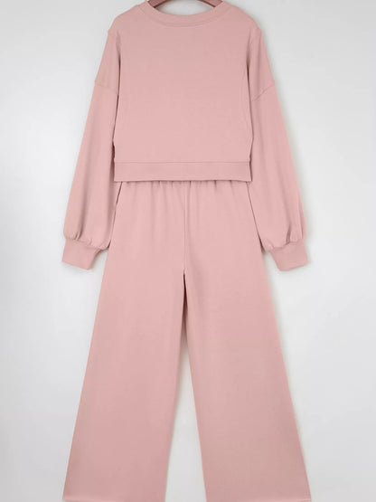 Drop Shoulder Puff Sleeve Crop Top and Drawstring Wide Leg Pants Set