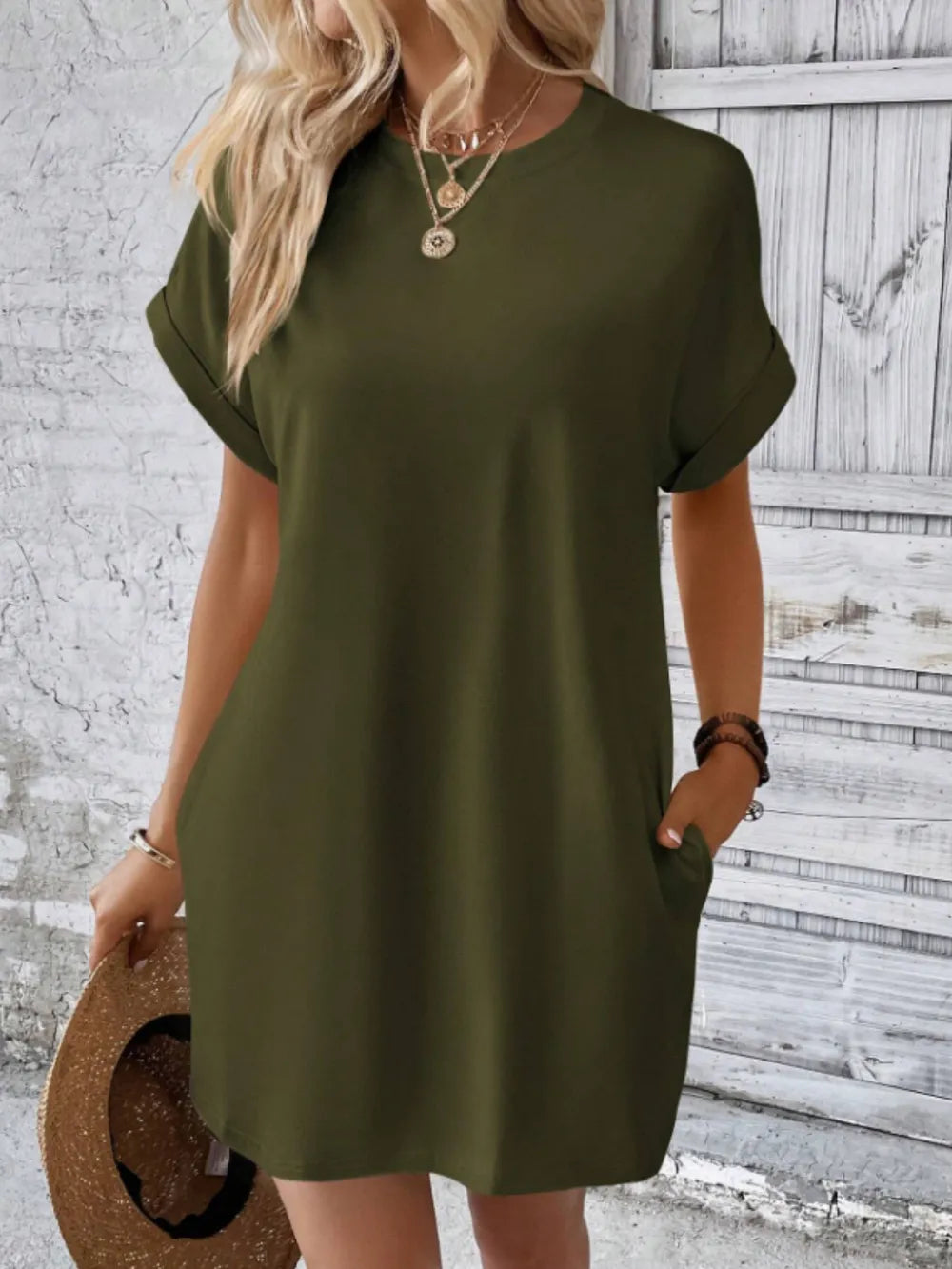 Short Sleeve Mini Tee Dress with Pockets Army Green S