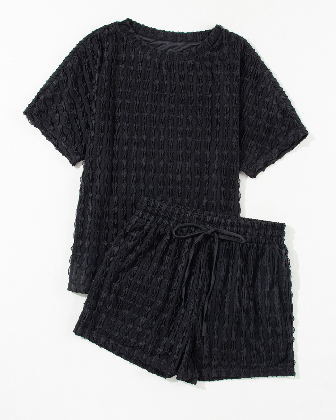 Black Frill Textured Short Sleeve Set   