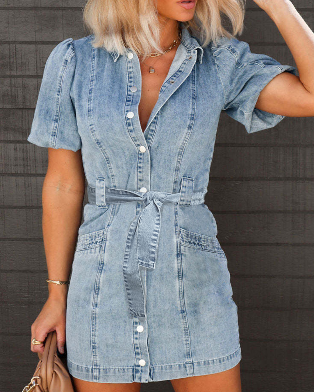 Puff Sleeve Button Up Denim Dress Denim S 