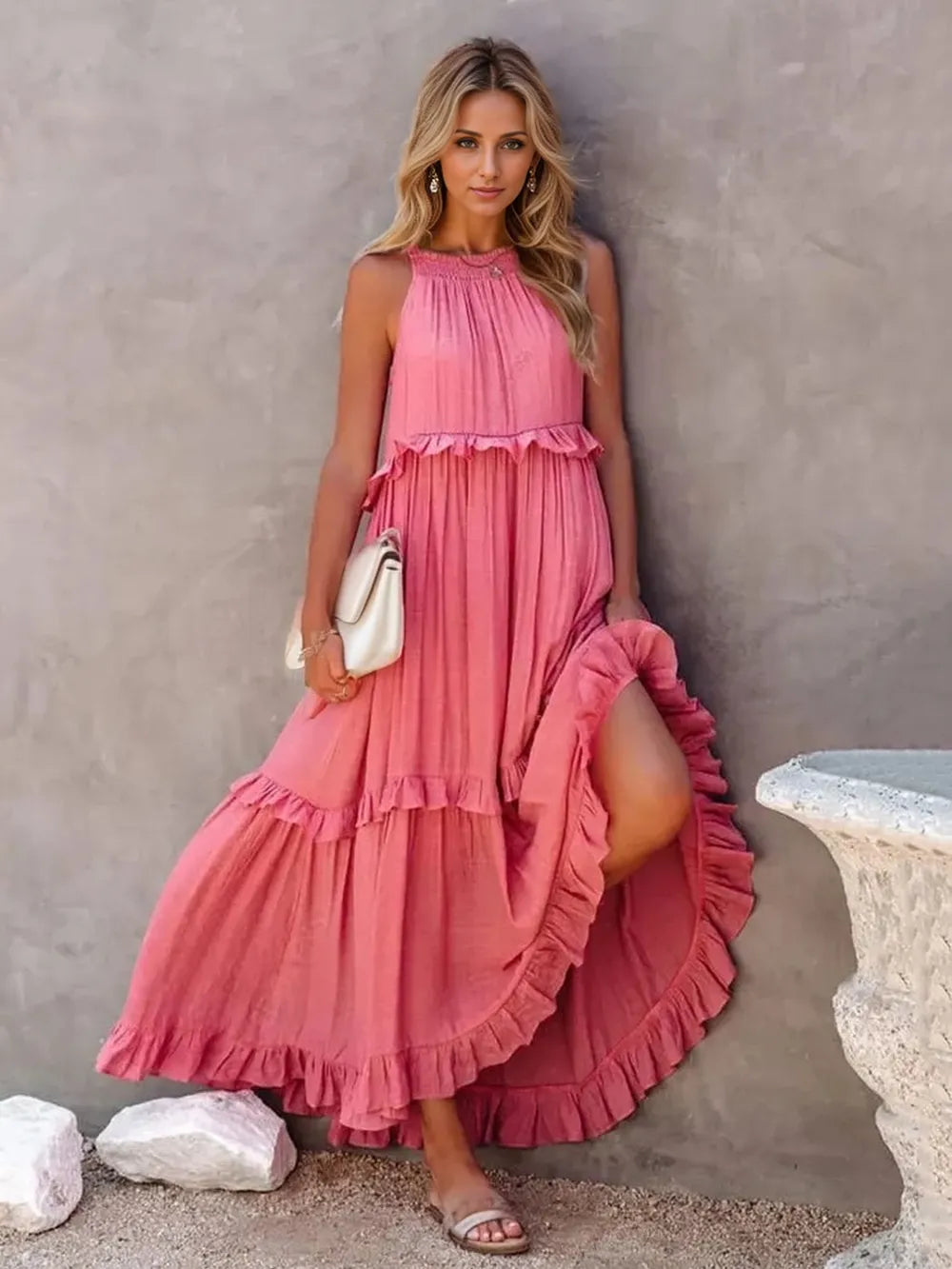 Ruffled Sleeveless Tiered Maxi Dress with Pockets Watermelon pink S