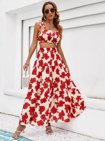 Honey Floral Tie Shoulder Top and Tiered Maxi Skirt Set Deep Red L