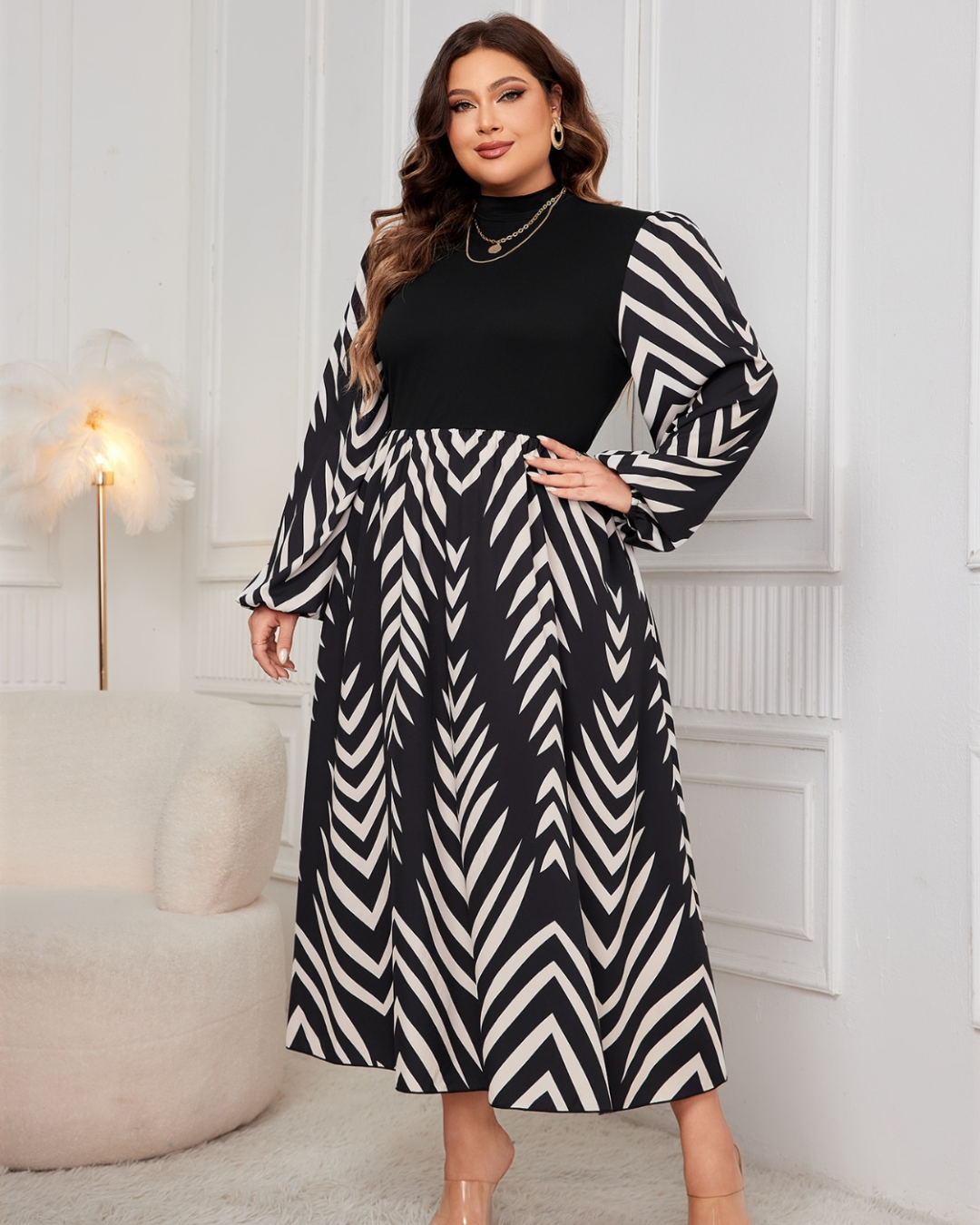 Plus Size Printed Mock Neck Midi Dress   