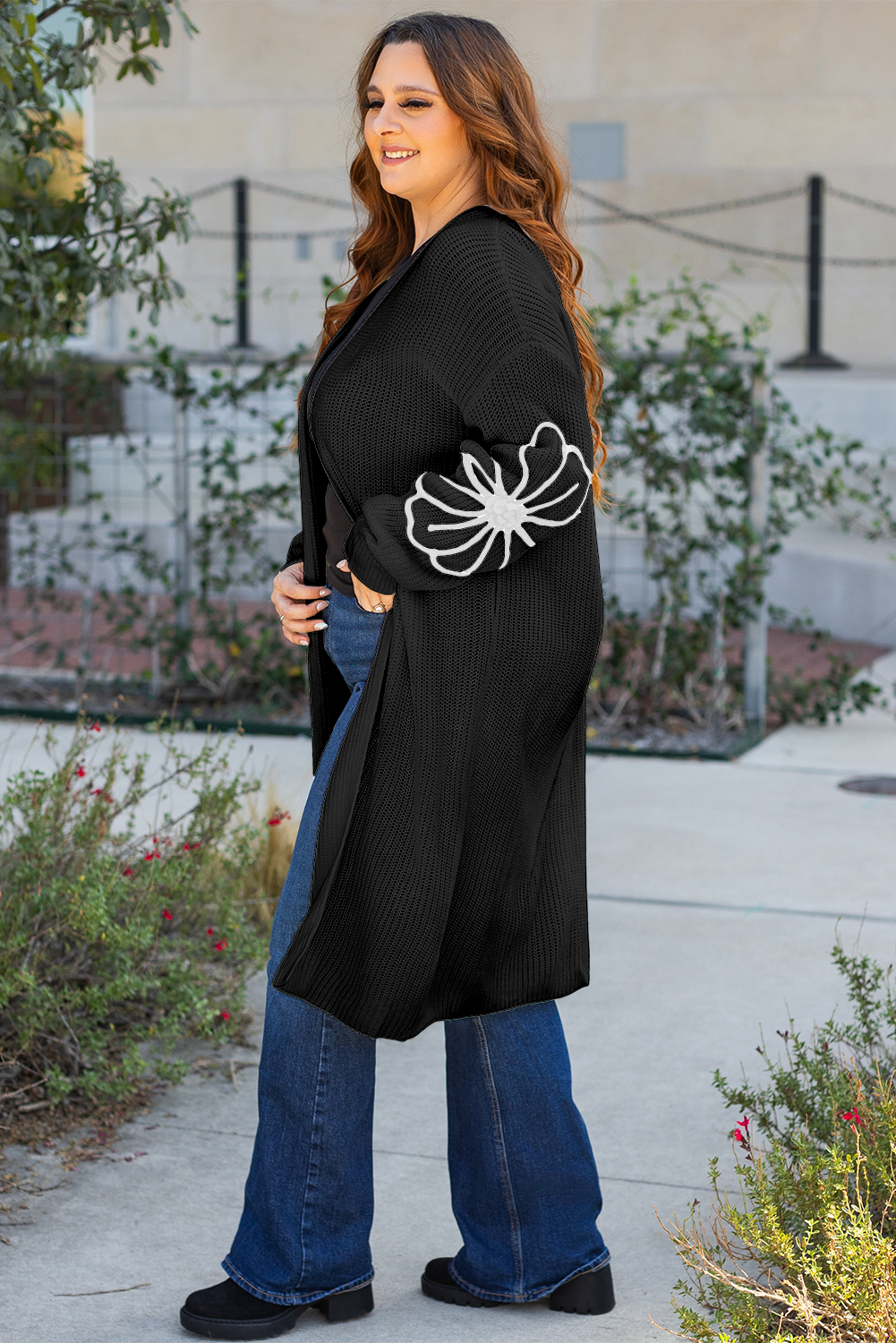 Black Flower Embroidered Drop Shoulder Open Front Duster Cardigan   