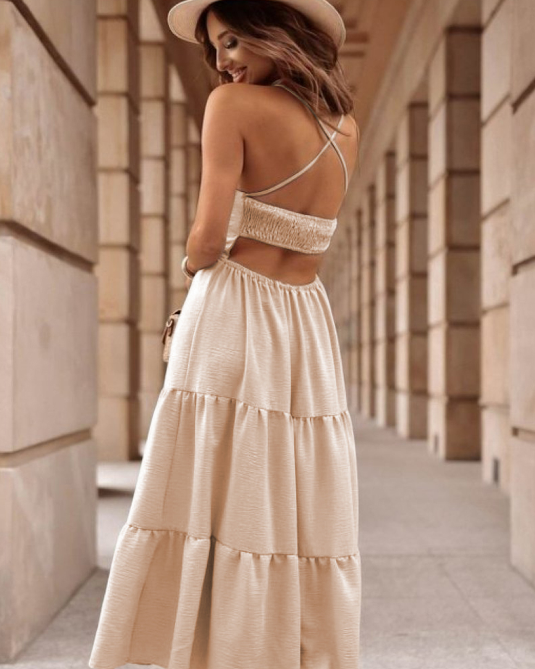 Crossover Backless Tiered Maxi Dress   