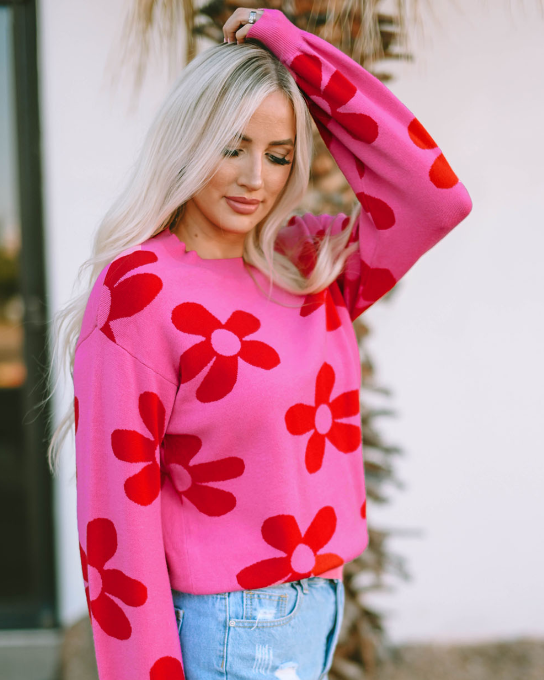 Flower Knit Ribbed Trim Sweater   