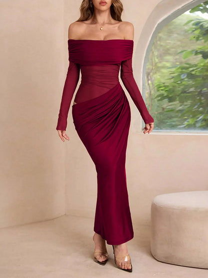 Off-Shoulder Long Sleeve Ruched Bodycon Maxi Dress Burgundy S