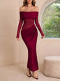 Off-Shoulder Long Sleeve Ruched Bodycon Maxi Dress Burgundy S