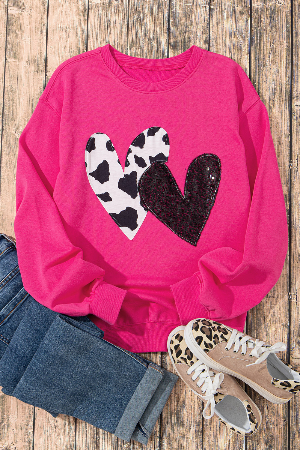 Sequin Double Heart Graphic Sweatshirt